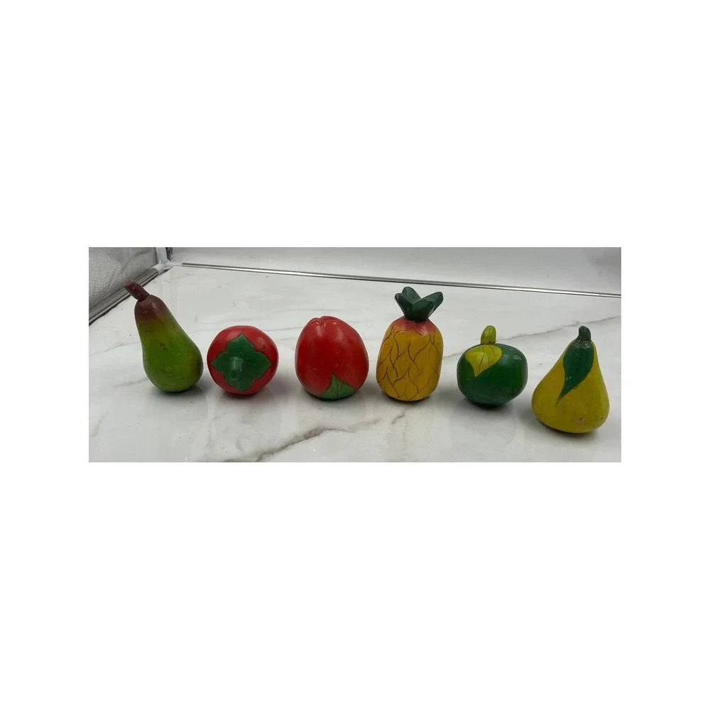 Vintage Hand Carved Wooden Fruit Set 6 Piece Decorative Pineapple Pears Folk Art